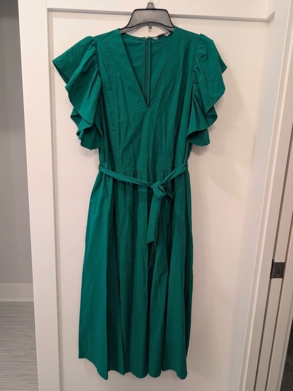 Green V-Neck Ruffle Sleeve Midi Dress with Self-Tie Belt